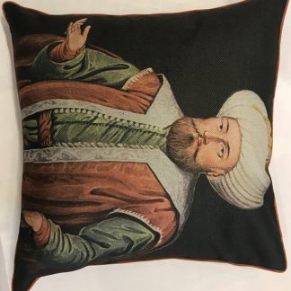 Подушка с принтом картины "Портрет турецкого султана" и задником густого зеленого цвета №1